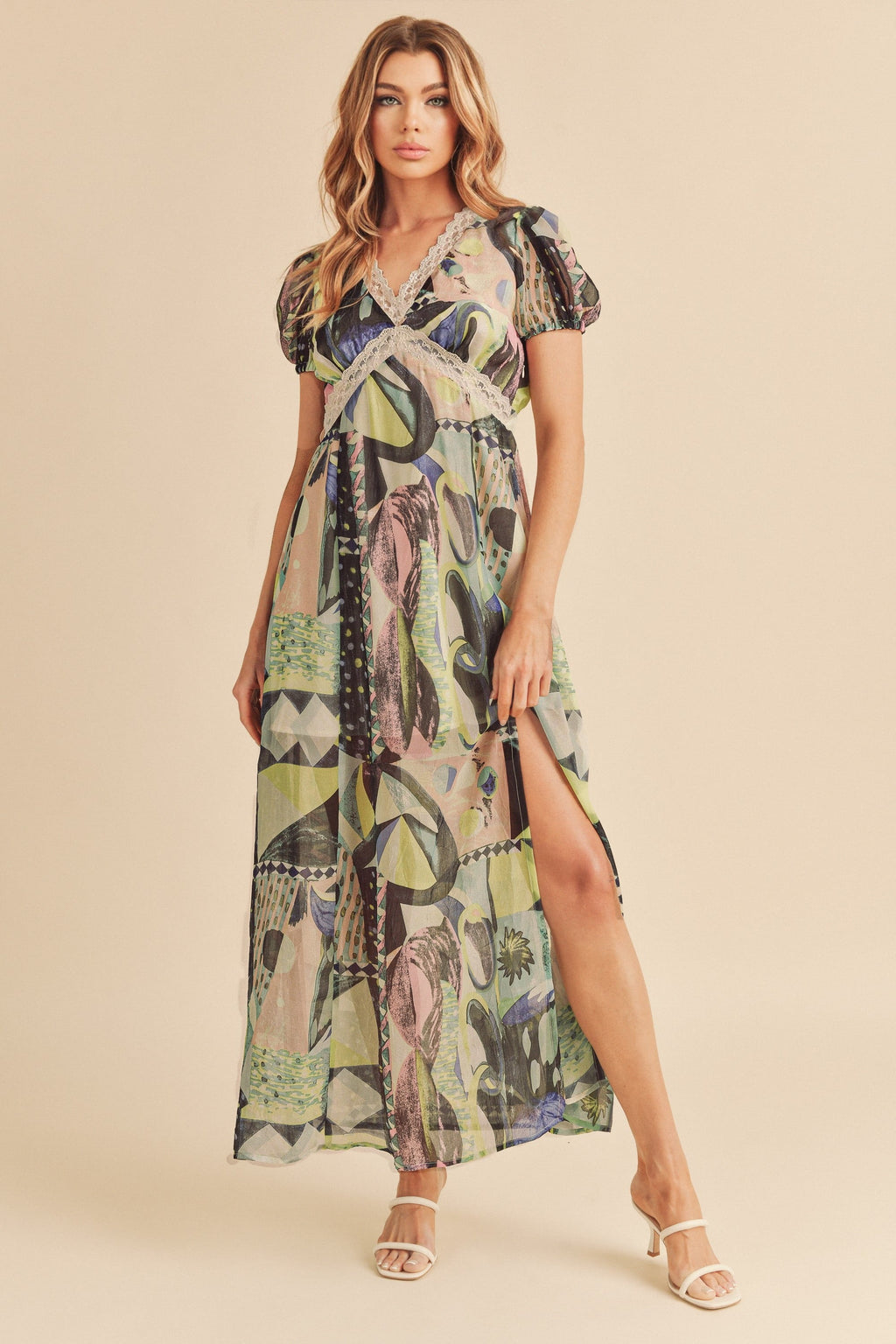 Lace Detail Slit Geometric Print Short Sleeve Maxi Comfortable Dress For Women, Elegant Lace, Alluring Slit, Sophisticated Geometric Print for Casual & Dressy Occasions Stevvex