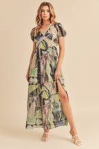 Lace Detail Slit Geometric Print Short Sleeve Maxi Comfortable Dress For Women, Elegant Lace, Alluring Slit, Sophisticated Geometric Print for Casual & Dressy Occasions Stevvex