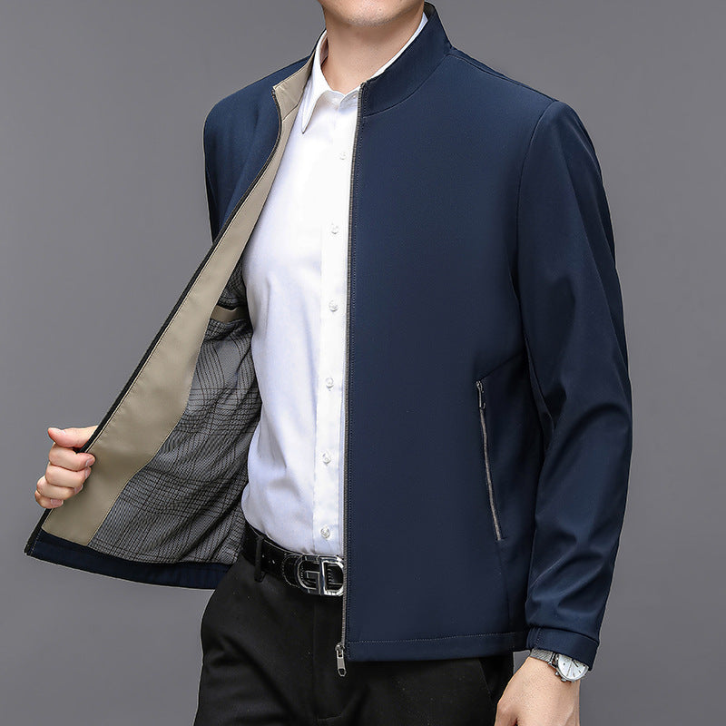 Men's Stand Collar Casual Jacket - Lightweight Middle-Aged Outerwear (Blue/Black/Brown, Sizes 170-195cm) Pi-Mart
