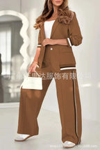 Women Suit Jacket 2 Piece Sets Striped Blazer Coat Turn Down Collar Single Breasted Wide Leg Pants Ensemble Office Lady Outfits Purplish Diva