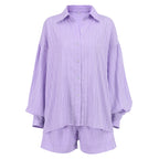 Women's Graceful And Fashionable Striped Puff Sleeve Shorts Suit Pi-Mart