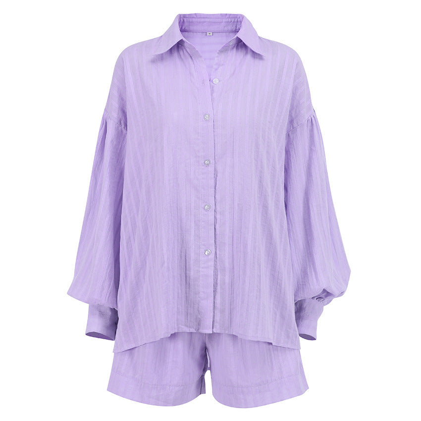 Women's Graceful And Fashionable Striped Puff Sleeve Shorts Suit Pi-Mart