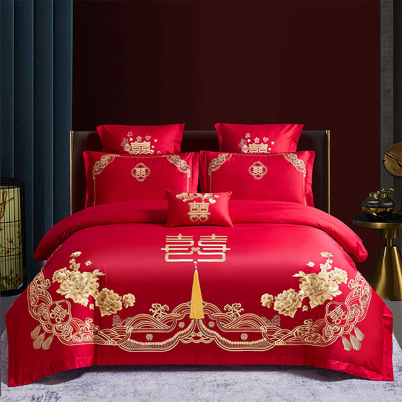 Red Wedding Four-piece Set Wholesale Cotton Wedding Embroidery Bedding Pure Cotton Marriage Bed Xi Quilt Cover Dragon And Phoenix Pi-Mart