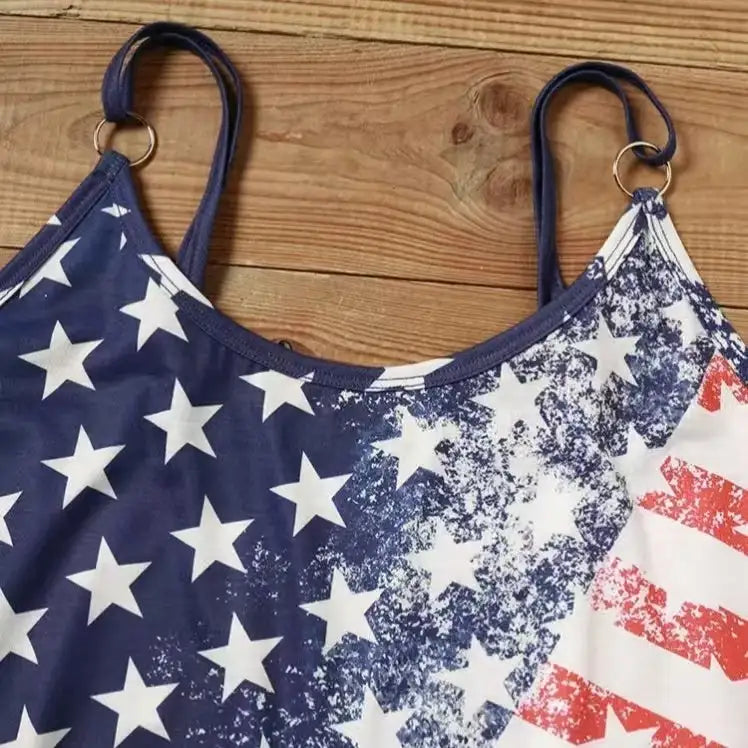 Ladies' V-neck American Flag Star Striped Pocket Shoulder Strap Mini Dress, Independence Day Dress - SJB-DIAMOND ELITES