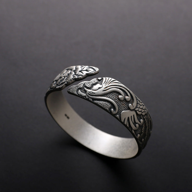 S999 Pure Silver Phoenix Peony Wide Side Thai Silver Matte Retro Ethnic Style  Bracelet Women Pi-Mart
