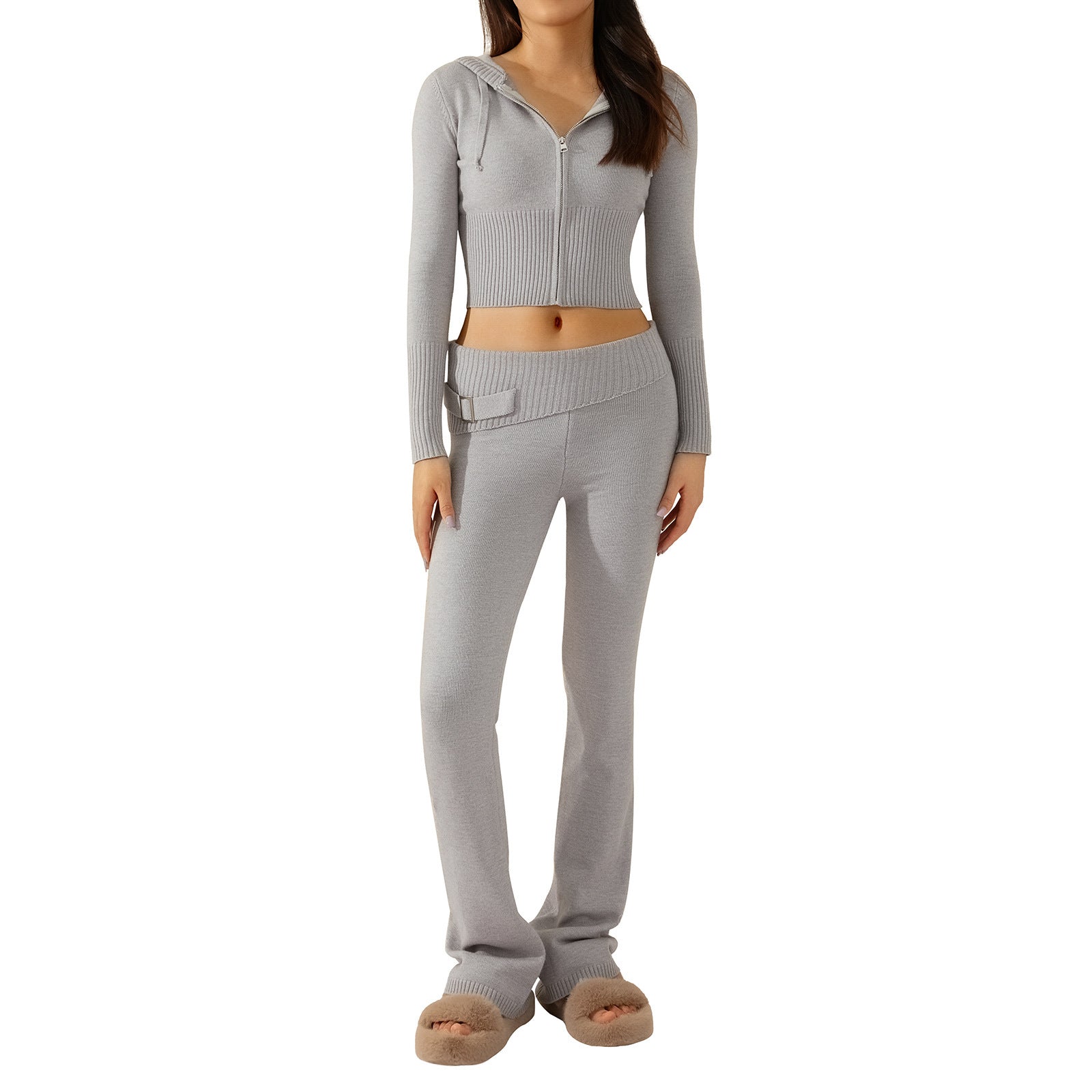 2pcs Knitted Hooded Suits Women's Long-sleeved Cardigan And High Waisted Trousers Clothing Pi-Mart
