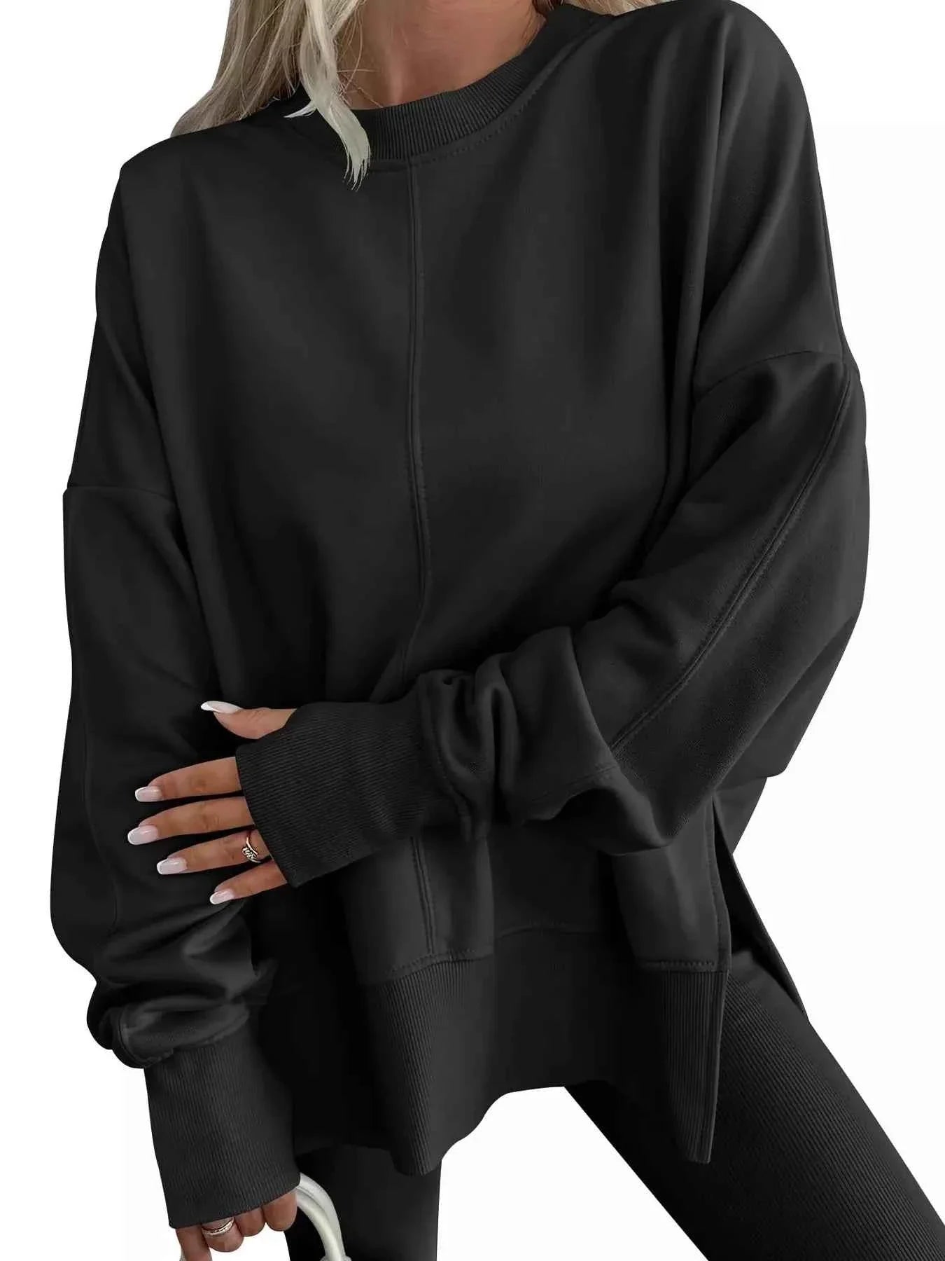 Side Slit Round Neck Long Sleeve Sweatshirt THRIXINE