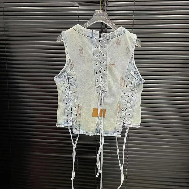 WTHT Vintage 2025 Summer Women's Bandage Single-breasted Denim Vest Fashion High-waisted Loose Wide Leg Jeans Female 1LS1482 Purplish Diva