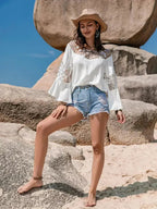 White Lace Round Neck Long Sleeve Blouse | Femstylo - SJB-DIAMOND ELITES