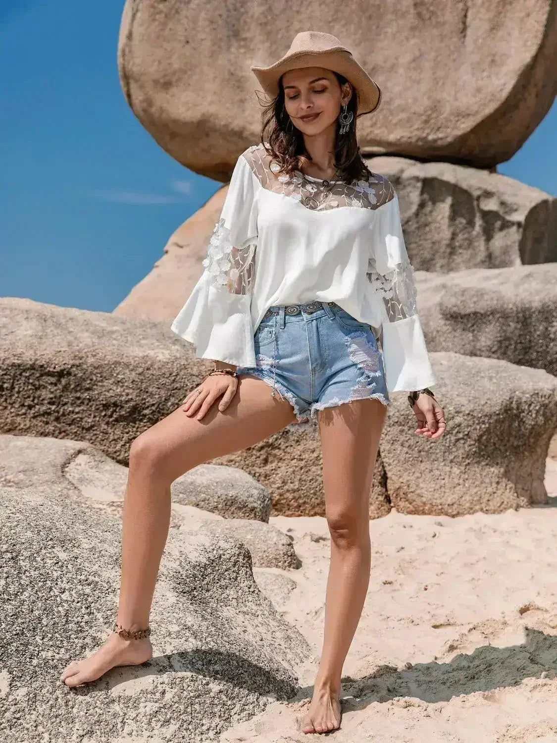 White Lace Round Neck Long Sleeve Blouse | Femstylo - SJB-DIAMOND ELITES