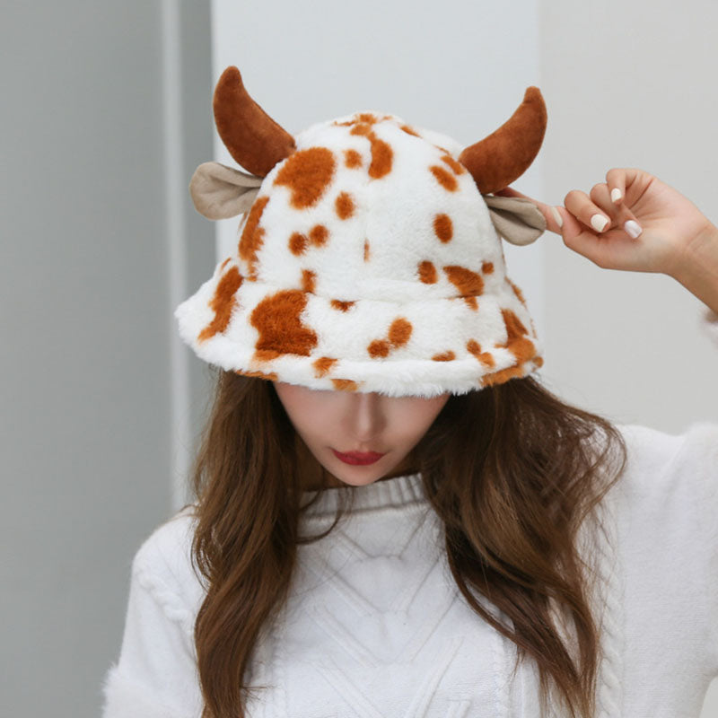 Cow Pattern Fisherman Hat With Cute Horn Winter Fashion Thickened Warm Plush Hat For Women Pi-Mart
