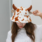 Cow Pattern Fisherman Hat With Cute Horn Winter Fashion Thickened Warm Plush Hat For Women Pi-Mart
