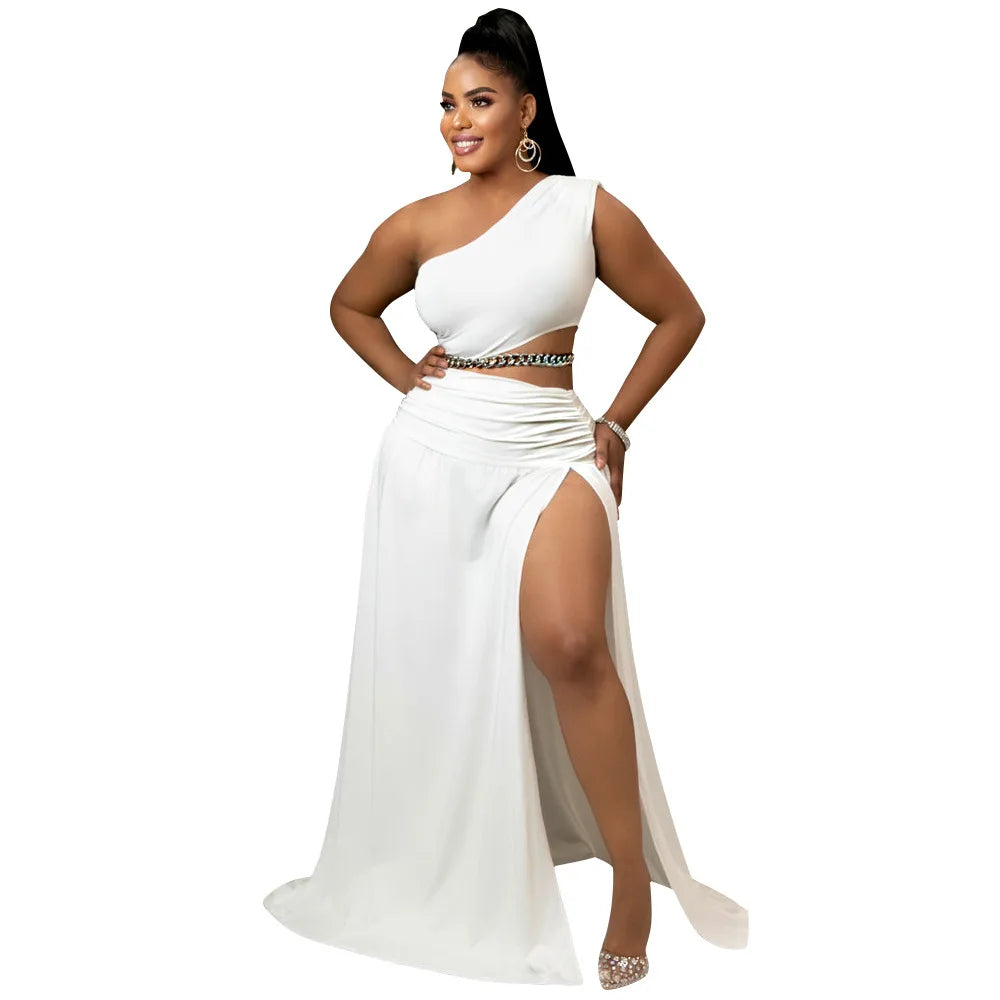 Women Clothes Set Sexy One Shoulder Crop Top Side Split A Line Skirt Beach Party Two Pieces Set Summer 2022 Purplish Diva