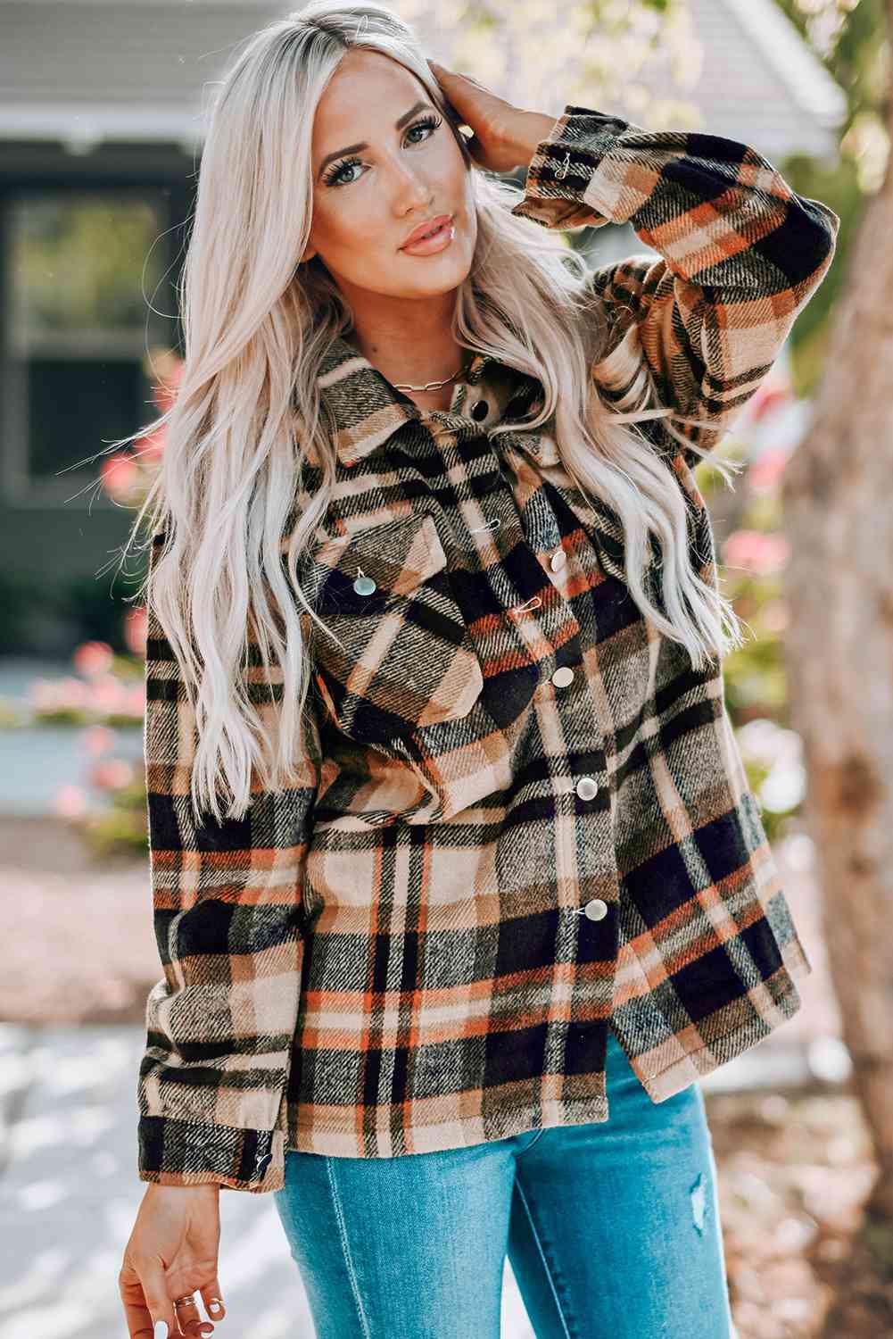 Classic Plaid Button Front Shirt Jacket with Breast Pockets Casual & Minimalist Outerwear Stevvex