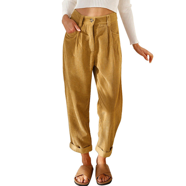 Women's High Waist Pure Color Corduroy Casual Pants Pi-Mart