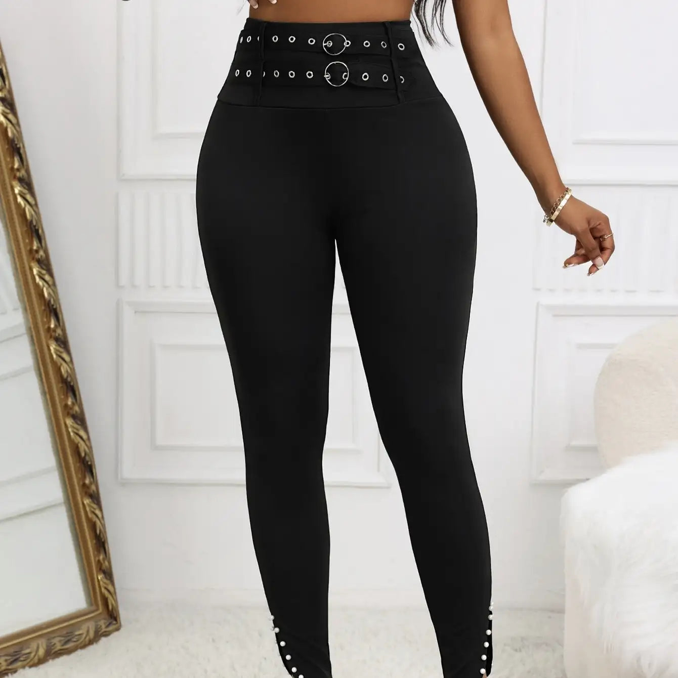 Ladies' Solid Color Casual Style Tight Fitting High Waist Slim Fit Slit Detail Pants Waist Ring Fake Belt Design Sense Tapered Pants - SJB-DIAMOND ELITES