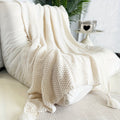 Cozy All-Season Knit Throw Blanket with Tassels - Boho-Chic Geometric Pattern in Natural Wood Color - Versatile for Sofa, Office, Bed, and Travel Lootquake LLC