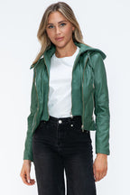 Women Classic Snobbish Faux Leather Zip-Up Drawstring Hooded Jacket Edgy & Casual PU Leather Jacket For Streetwear