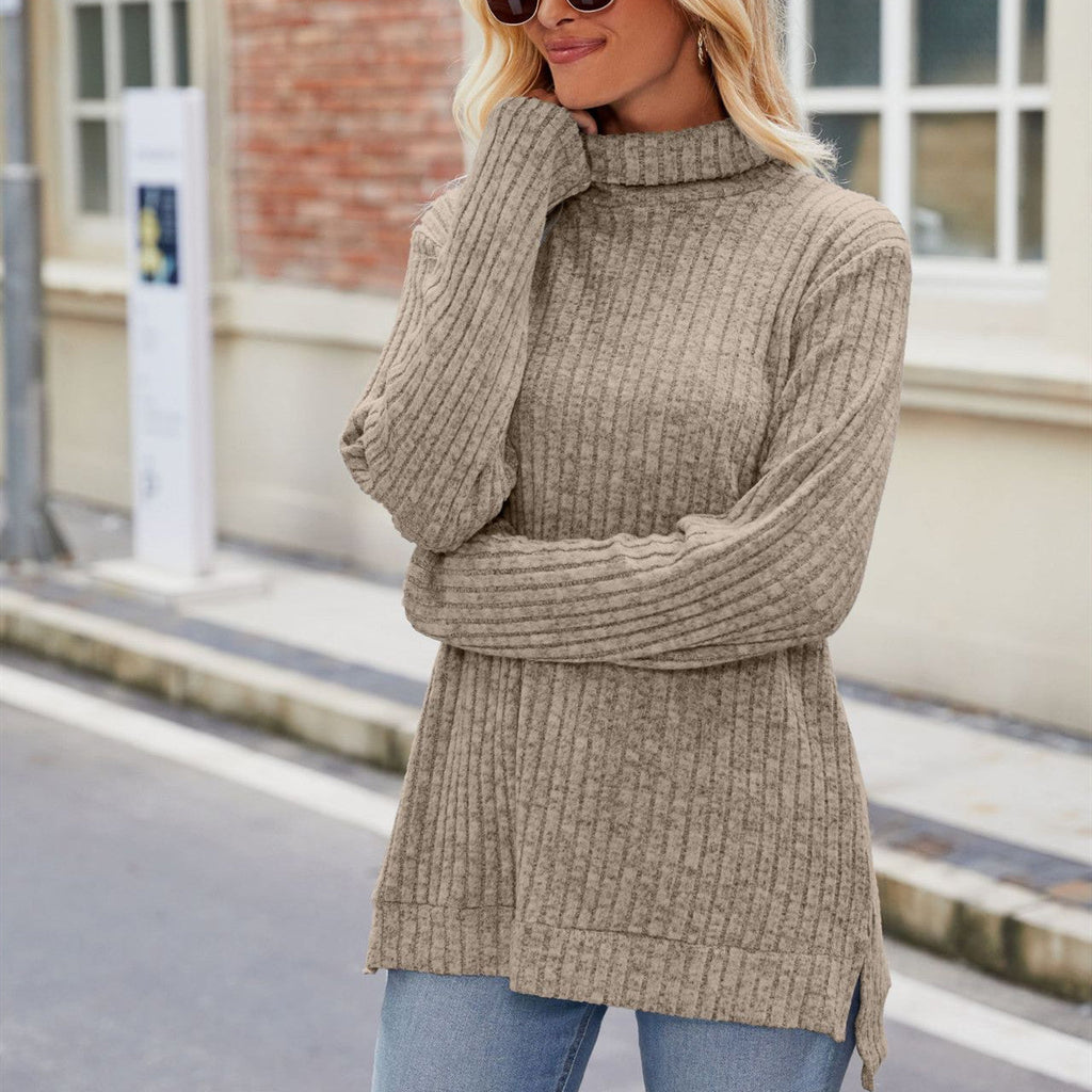 High Collar Loose Long Sleeve Split T-shirt Top For Women Pi-Mart