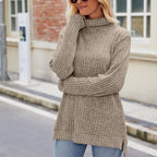 High Collar Loose Long Sleeve Split T-shirt Top For Women Pi-Mart