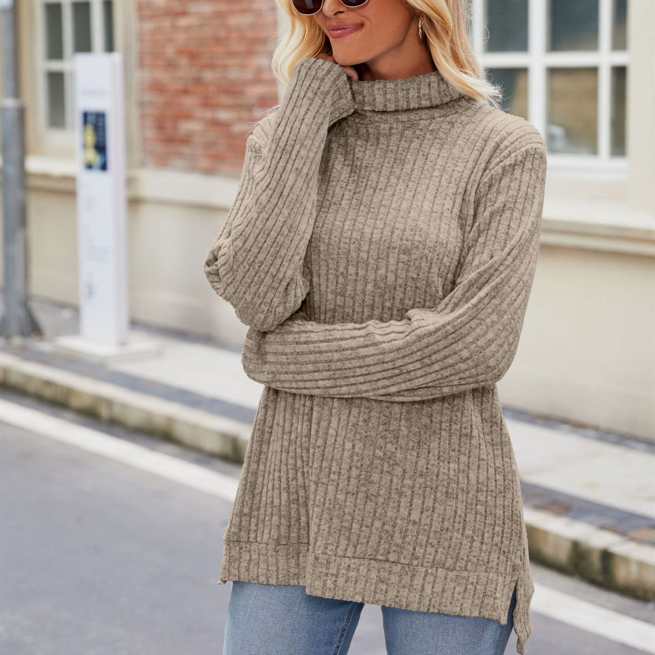 High Collar Loose Long Sleeve Split T-shirt Top For Women Pi-Mart