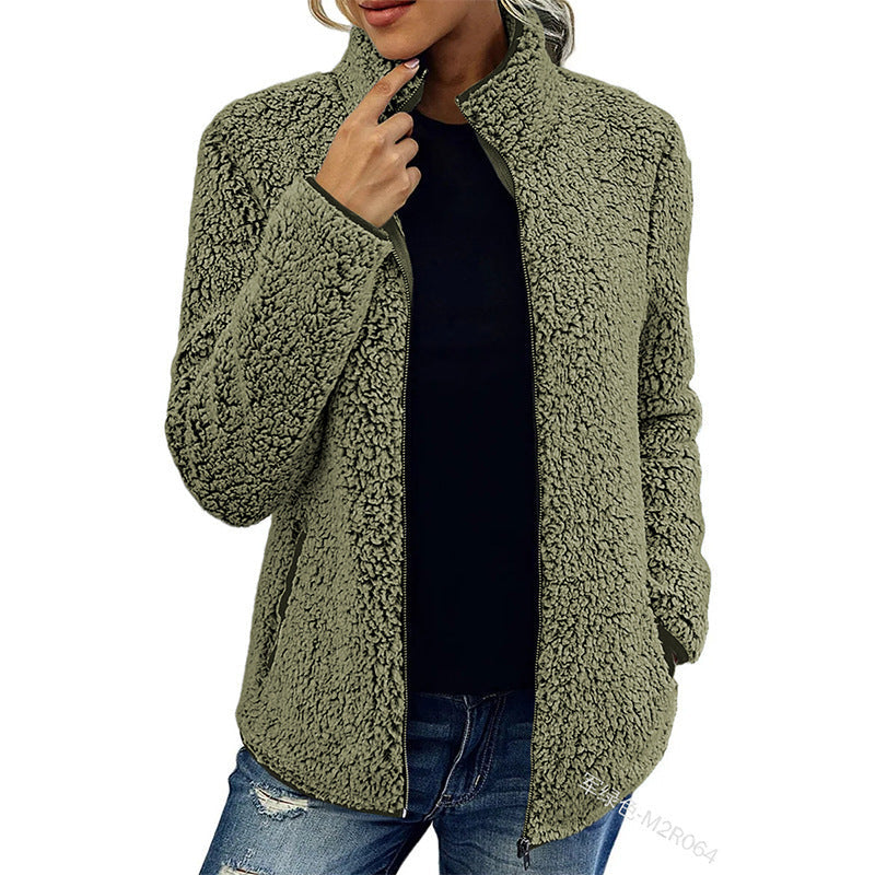 Fall Winter Warm Sweatshirt Stand Collar Solid Color Top Sweater Women's Casual Fashion Long Sleeve Zipper Bubble Velvet Coat Tops Pi-Mart