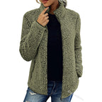 Fall Winter Warm Sweatshirt Stand Collar Solid Color Top Sweater Women's Casual Fashion Long Sleeve Zipper Bubble Velvet Coat Tops Pi-Mart