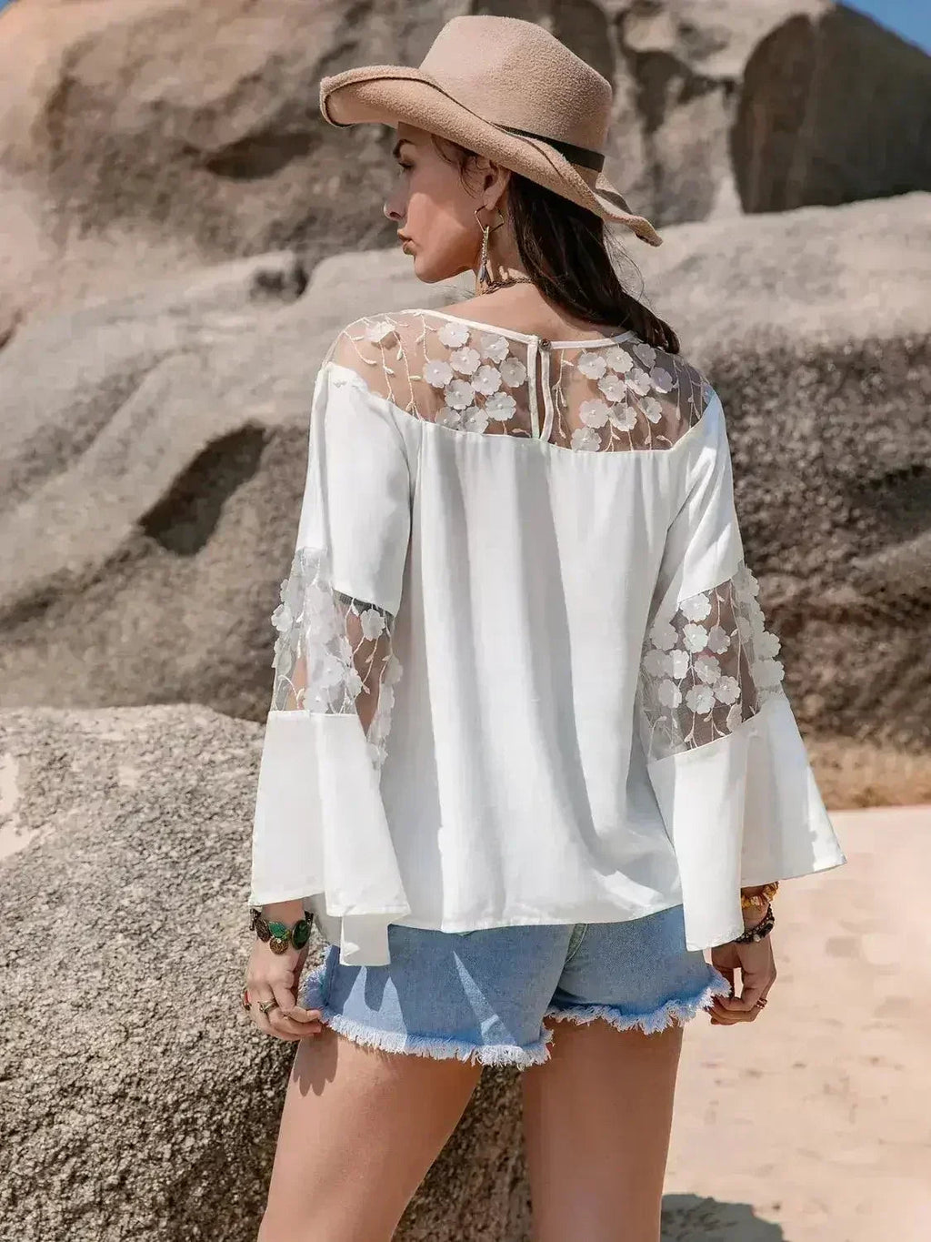 White Lace Round Neck Long Sleeve Blouse | Femstylo - SJB-DIAMOND ELITES