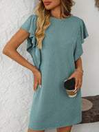 Ruffled Round Neck Short Sleeve Dress Feminine Simple Classic Dress Breathable And Comfy Dress Stevvex