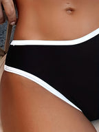 Bikini Scoop Neck Contrast Trim 2 Piece Swimsuit for Women – High Stretch Casual Bikini Set with Scallop Edge Detail and Matching Swim Briefs – Stylish Solid Color Swimwear for Beach Days Pool Lounging and Summer Vacations Stevvex