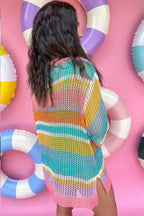 Pink Stripe Plus Size Open Knit Patch Pocket Short Sleeve Sweater - SJB-DIAMOND ELITES