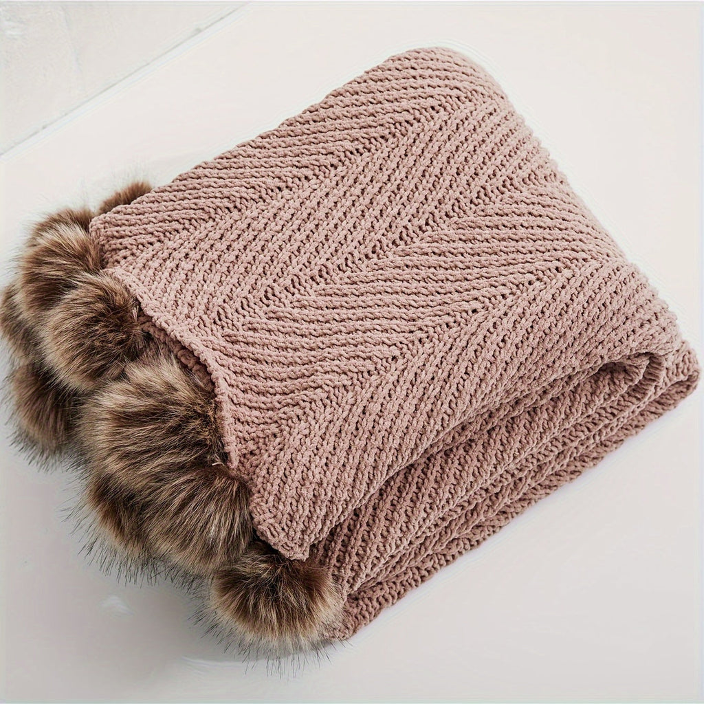 Vintage Chunky Knit Throw Blanket with Pom-pom Embellishment, Space Theme, All Seasons Polyester Cover, Knitted Casual Office Living Room Bedroom Nap Sofa Bed End Blanket 1PC Lootquake LLC