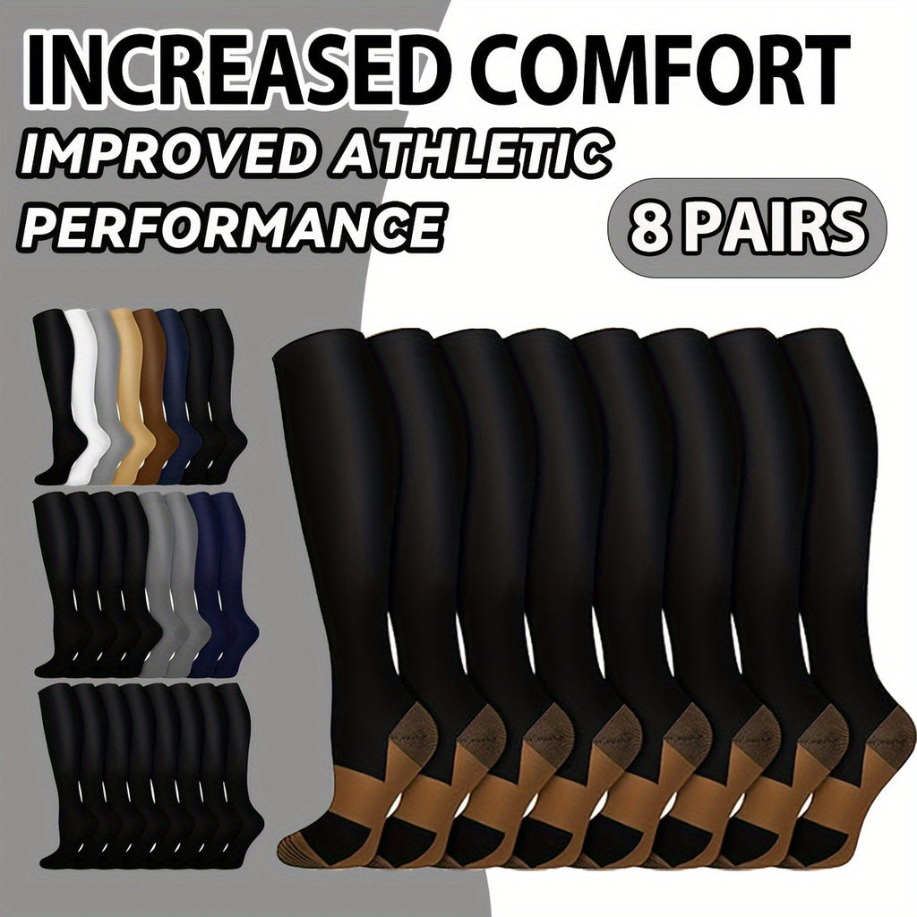 8 Pairs Copper-infused Unisex Compression Socks - Enhanced Circulation Support (10-20 MMHG) - Comfortable Knee High for Nurses, Pregnancy, Running, Hiking, Cycling Lootquake LLC