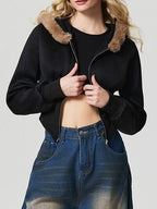 Black Fuzzy Hem Hooded Zip-Up Jacket With Long Sleeves and Casual Style Jacket Stevvex