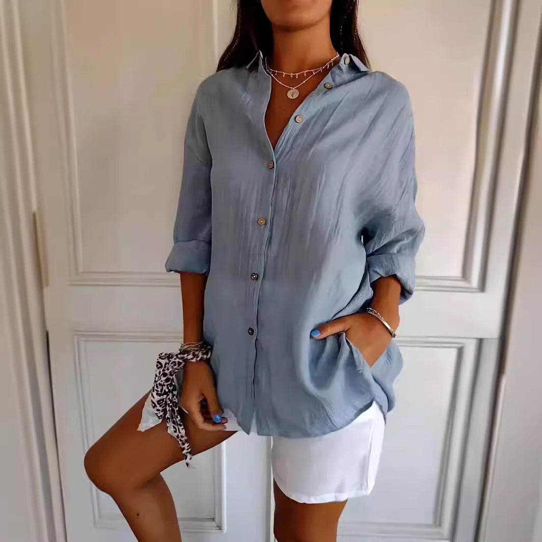 Lapel Long Sleeve Shirt Women's Single-breasted Pleated Shirt Pi-Mart