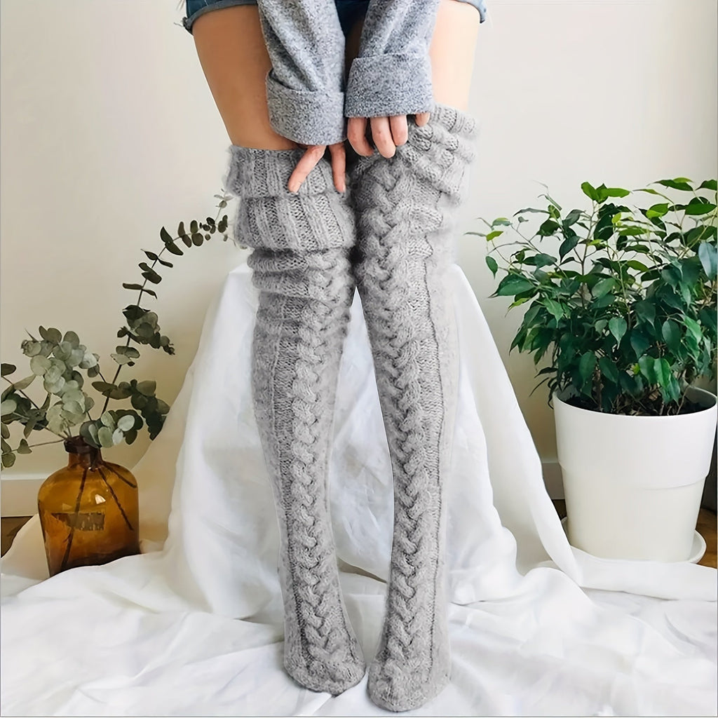 Cozy Knitted Thigh High Socks, Warm & Simple Over The Knee Socks, Women's Stockings & Hosiery Lootquake LLC