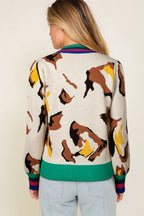 Apricot Contrast Ribbed Stripes Animal Pattern Knit Sweater