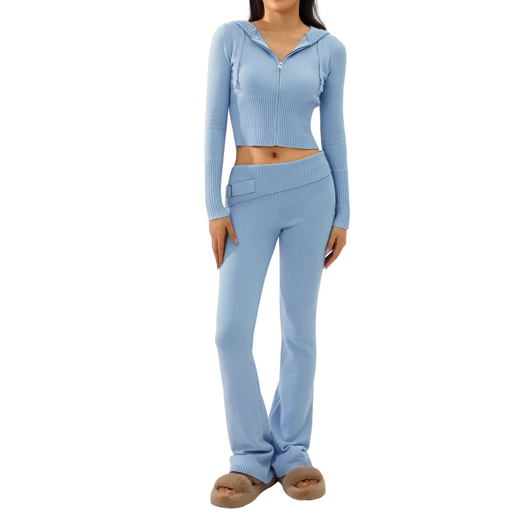 2pcs Knitted Hooded Suits Women's Long-sleeved Cardigan And High Waisted Trousers Clothing Pi-Mart