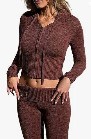 2pcs Knitted Hooded Suits Women's Long-sleeved Cardigan And High Waisted Trousers Clothing Pi-Mart
