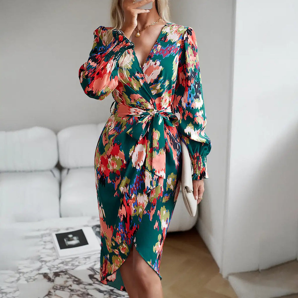 Printed Dress 2023 Autumn Winter Elegant V-neck Dress - SJB-DIAMOND ELITES