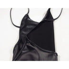 Sexy Faux Leather Dress Backless Club Party Short Dress Solid Black Wet Look Latex Bodycon Push Up Bra Mini Micro Dress Purplish Diva