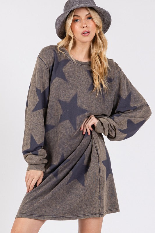Modern Star Print Round Neck Dress Casual And Trendy Women’s Comfortable Soft Dress Stevvex