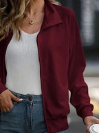Simple White Zip Up Collared Neck Raglan Sleeve Jacket Comfortable Versatile Casual Women Wear Stevvex