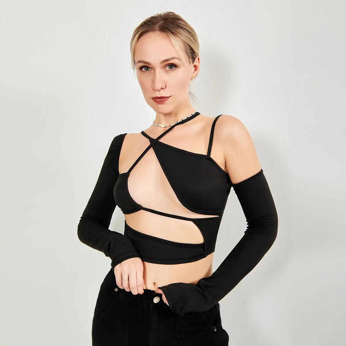 Long Sleeve Top Cut Out Asymmetrical Neck - SJB-DIAMOND ELITES