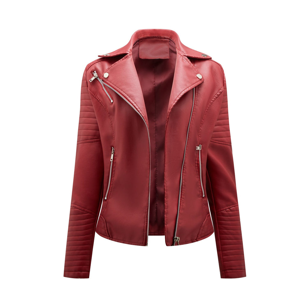 Short Leather Jacket Women's Lapel Motorcycle Oblique Zipper Jacket Pi-Mart