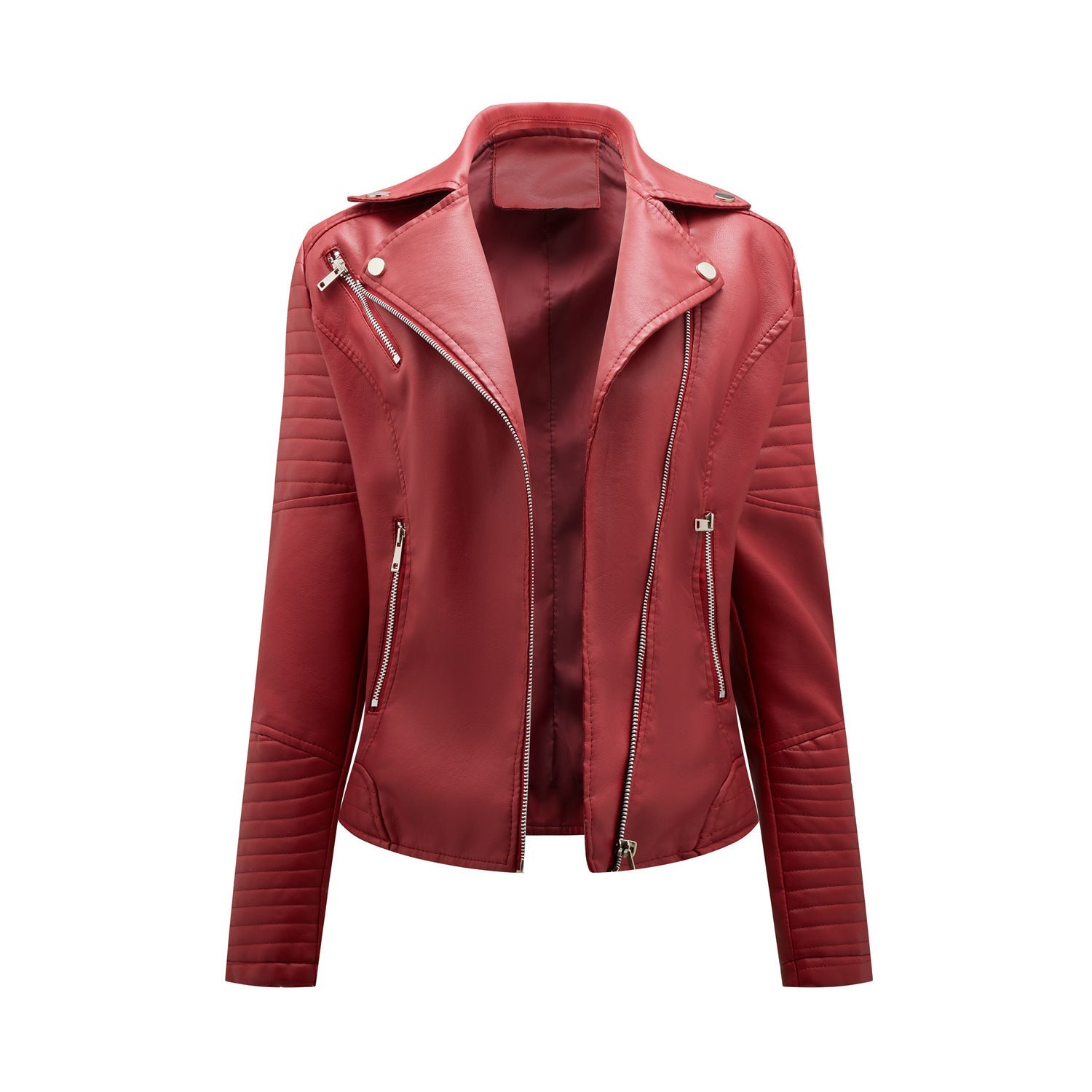 Short Leather Jacket Women's Lapel Motorcycle Oblique Zipper Jacket Pi-Mart