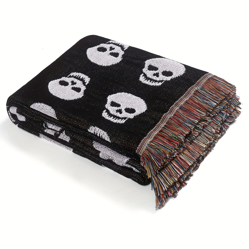Bohemian Knitted Halloween White Skull Head Printed Tassel Blanket, Suitable For Camping, Casual Picnic Lootquake LLC