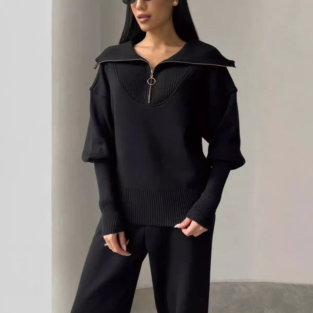 Long Sleeve Suit Zipper Lapel Top And Drawstring Trousers Fashion Casual Sports Clothing For Women Pi-Mart
