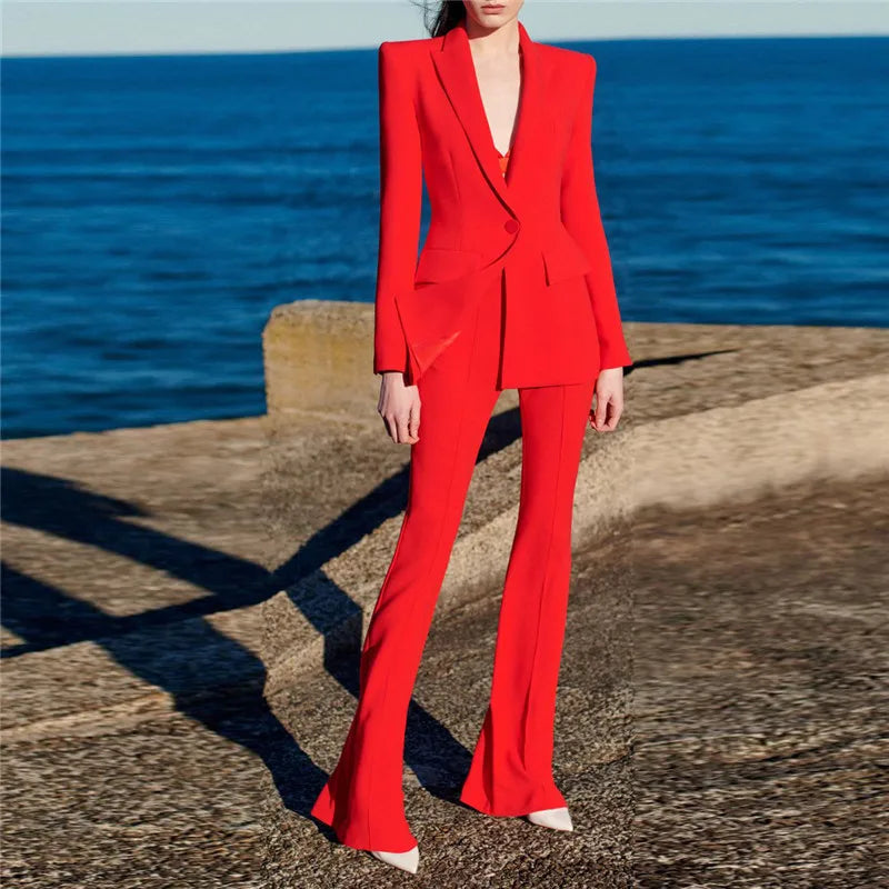 HIGH QUALITY New Fashion 2024 Designer Blazer Suit Set Women's Single Button Red Blazer Flare Pants Suit Purplish Diva