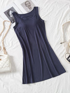 Classic Round Neck Wide Strap Mini Dress With Built-In Bra Comfortable Sleeveless Dress